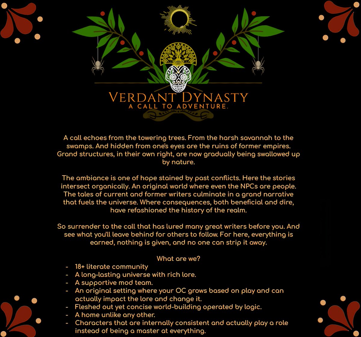 VerdantDynasty's tweet photo. Will you answer the call?

https://t.co/u941oPpy3j 
https://t.co/ngrbHShHba

#roleplay #literate #novella #matureroleplay #roleplaying #roleplayeraccount #grouproleplay #discordroleplay #roleplaying #rp #fantasyroleplay #fantasyrp #writtenroleplay #dmrp #RP https://t.co/bjOol4aElX