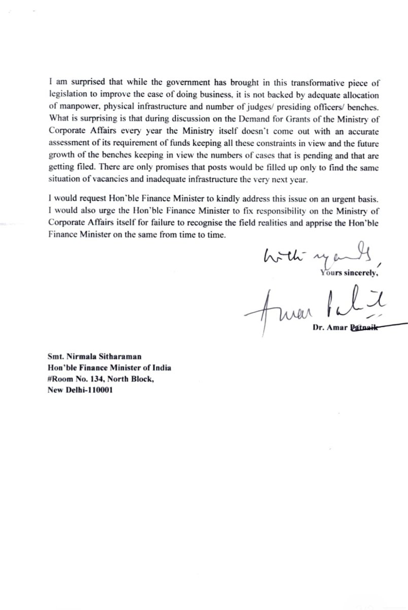 Amar4Odisha's tweet photo. Non-revision of sanctioned strength of benches of #NCLTs &amp; vacancies even within the existing sanctioned strength plus poor infrastructure are delaying #IBC cases, rendering ineffective a transformative piece of legislation. 
My letter to Hon’ble Finance Minister @nsitharaman https://t.co/Qlp7XPO58Y
