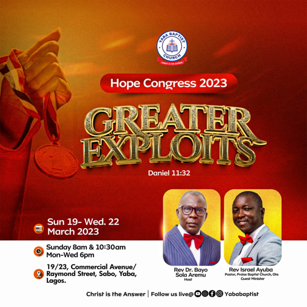 yababaptist's tweet photo. We are hosting the Amazing Rev. Israel Ayuba (Pastor, Praise Baptist Church, Ota) at the revival from this Sunday

It promises to be impactful 
Don't miss it
#hopecongress2023
#Yababaptist #ybc #ChristIstheAnswer 
#Greaterexploits https://t.co/7XVx270PUQ