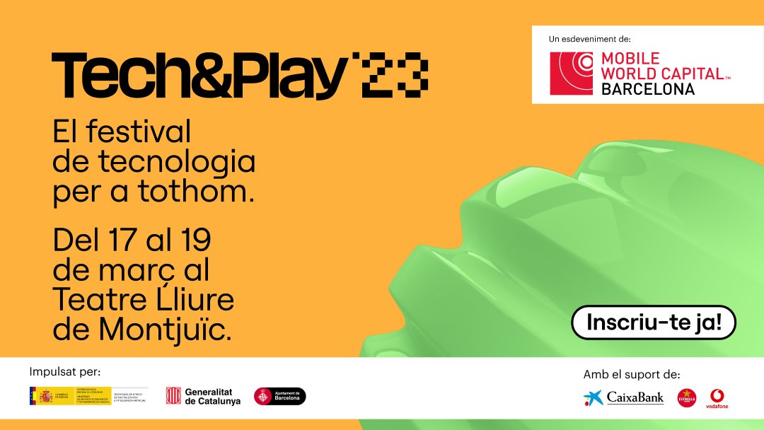 tic's tweet photo. 📢 JA ÉS AQUÍ!

Una mica de #tech, una mica de #play... arriba #TechAndPlay23!

🦾 Un esdeveniment de @MWCapital amb les millors experiències tecnològiques per a tothom!

📅Avui, presentació amb @GinaTost, secretària de Polítiques Digitals

👀Inscripcions: https://t.co/oZN0dApzyg https://t.co/XlS4lC4rDy