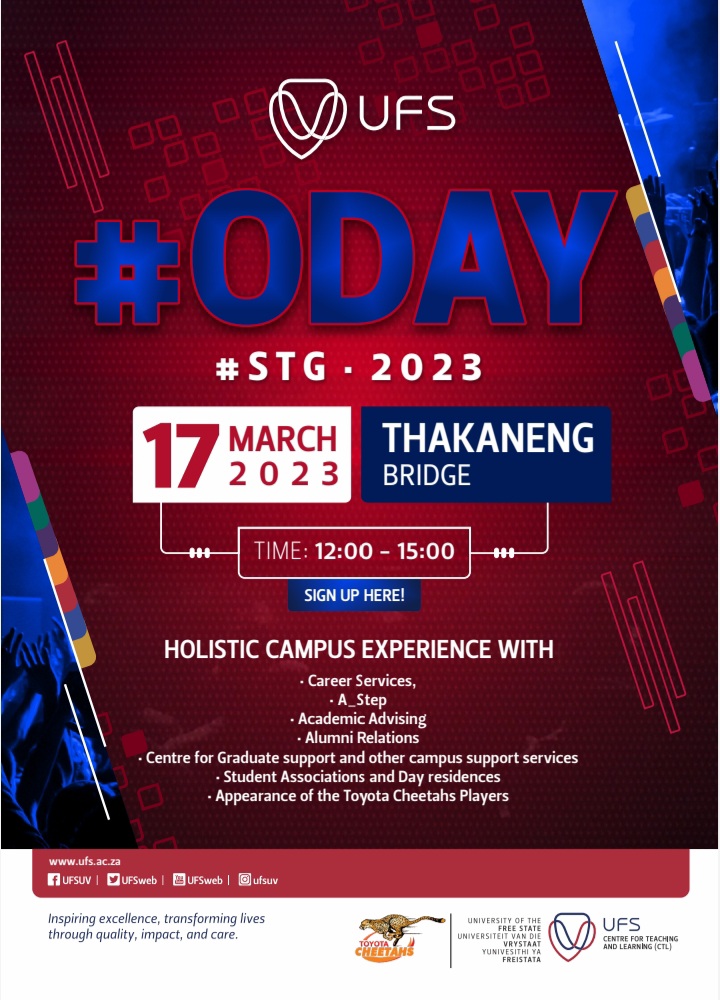 UFSweb's tweet photo. Come spend Friday afternoon from 12:00-15:00 with the #SecureTheGrad team at the Thakaneng Bridge for an O-day activation with various support services, departments, associations, day residences, and the @CheetahsRugby!
Sign up for the activation here: https://t.co/183tCIqi0z https://t.co/rXF04qFQrB