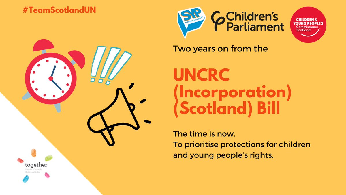 ⏰The time is now for #MakingRightsReal. We're joining @together_sacr on the second anniversary of the #UNCRCScotland Bill to ask MSPs & #SNPLeadership to show commitment to children & young people & make changes needed to bring it within @ScotParl powers!