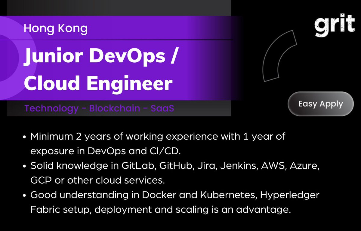 Web3Jobs_grit's tweet photo. Unlock your potential with our new #Blockchain job opportunity in Hong Kong! Join a team of like-minded professionals, and build your career in the #Web3 world 🔗 https://t.co/K2hbXi9yqp

#BlockchainJob #HongKong #DevOps https://t.co/lFcJw1Hzrb