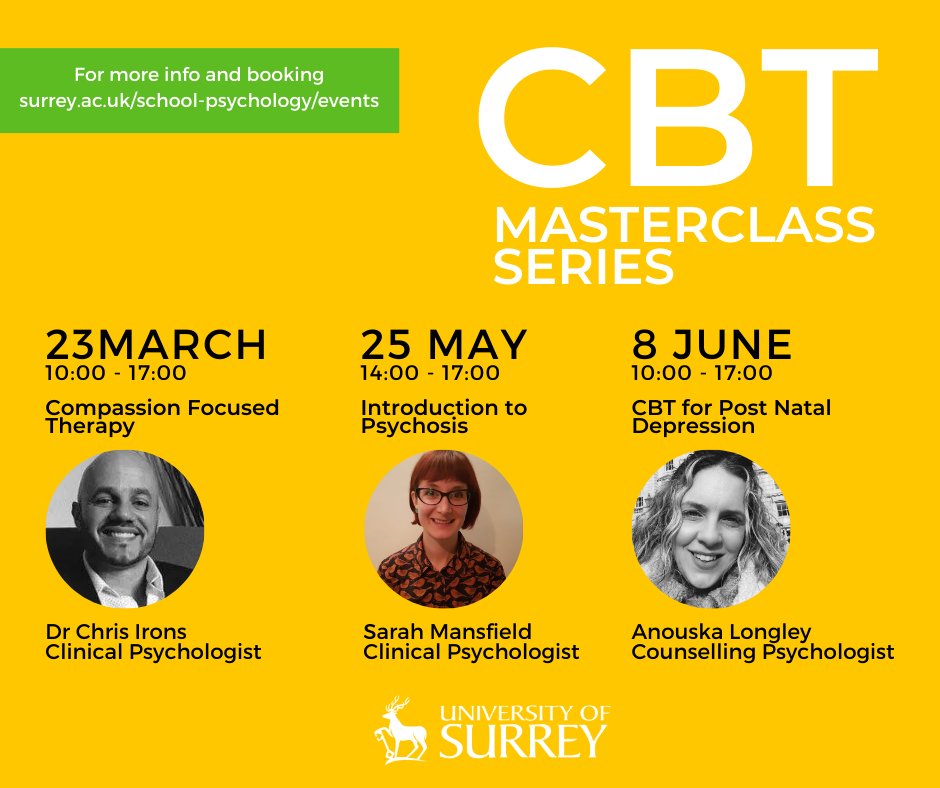 SurreyPsych's tweet photo. Check out our new #CBTMasterclassSeries @UniOfSurrey Subjects covered in this series include #compassionfocusedtherapy @DrChrisIrons #introductiontopsychosis #SarahMansfield #CBTforPostNatalDepression @AnouskaLongley
Find out more | https://t.co/ynjXDgrcby https://t.co/06ou5gQSiA