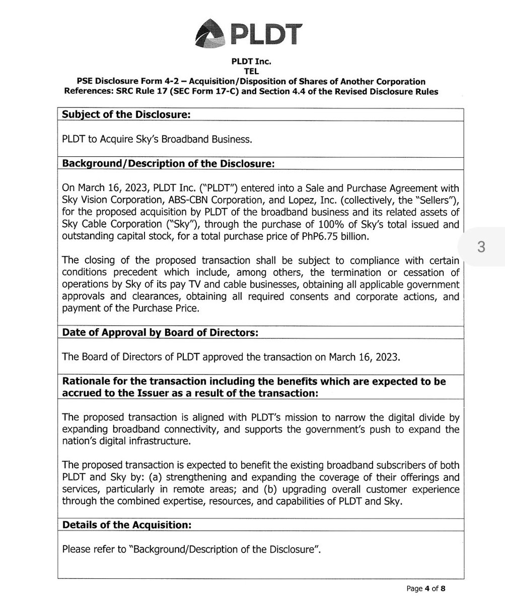 InquirerBiz's tweet photo. READ: PLDT to buy Sky Cable Corp.'s broadband business and related assets for P6.75B. The proposed deal is "expected to benefit the existing broadband subscribers" of both companies. | @TyronePiad https://t.co/e8gnpaphdM