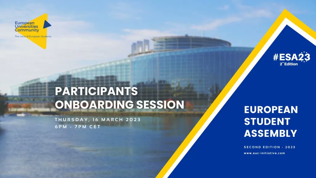 Attention Participants and Coordinators ! Join us for the ESA Onboarding Session tomorrow, March 16th at 6 PM CET! Panel members will get to know each other, learn about ESA and kickstart the Preparatory Phase. #EuropeanStudentAssembly #ESA23