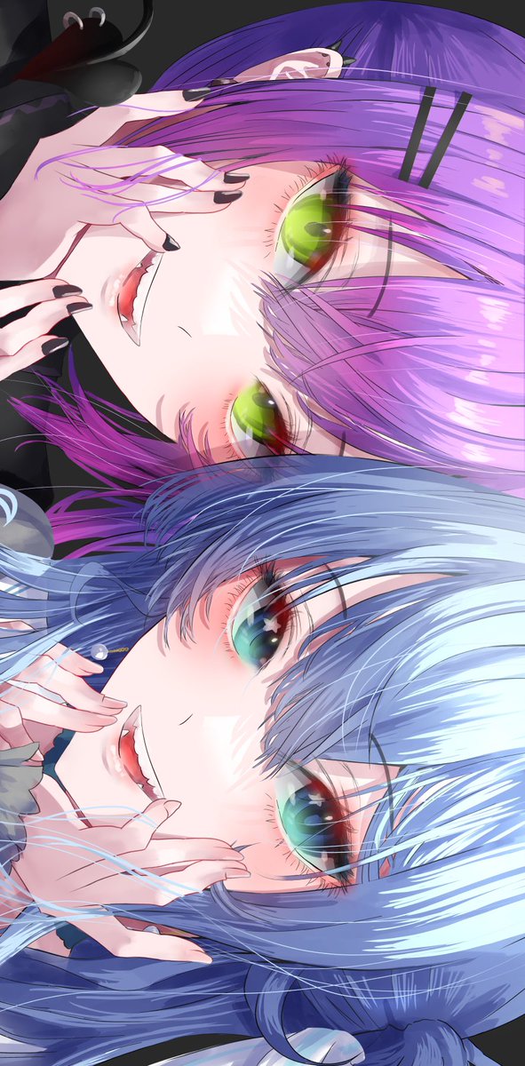 tokoyami towa multiple girls 2girls green eyes purple hair blue hair blue eyes smile  illustration images