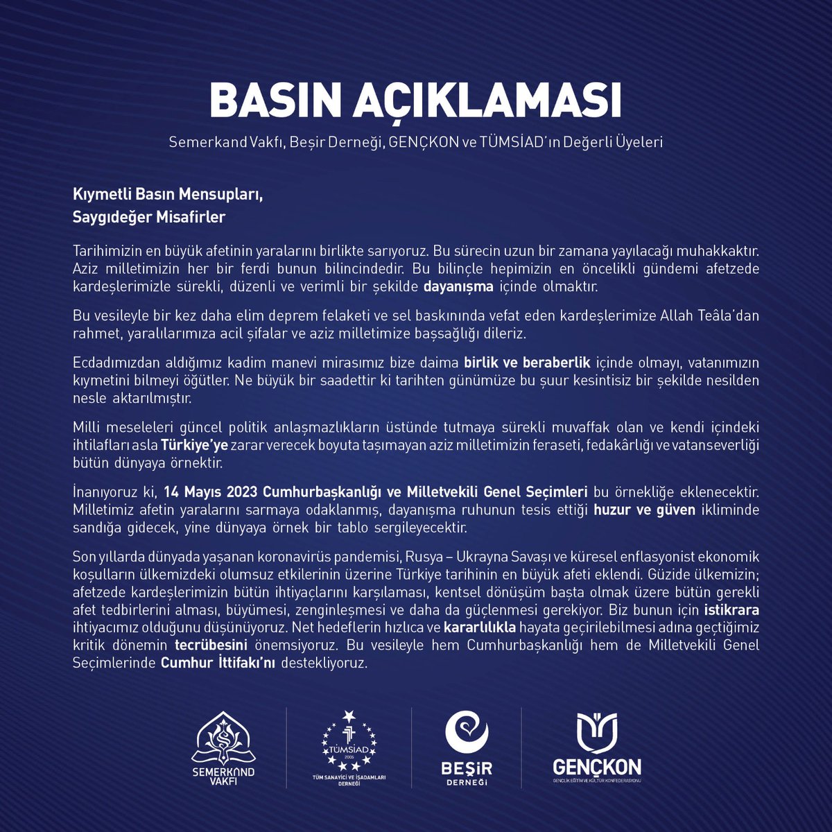 14 Mayıs 2023 Cumhurbaşkanlığı ve Milletvekili Genel Seçimlerinin ülkemiz ve aziz milletimiz için hayırlara vesile olmasını niyaz ederiz.