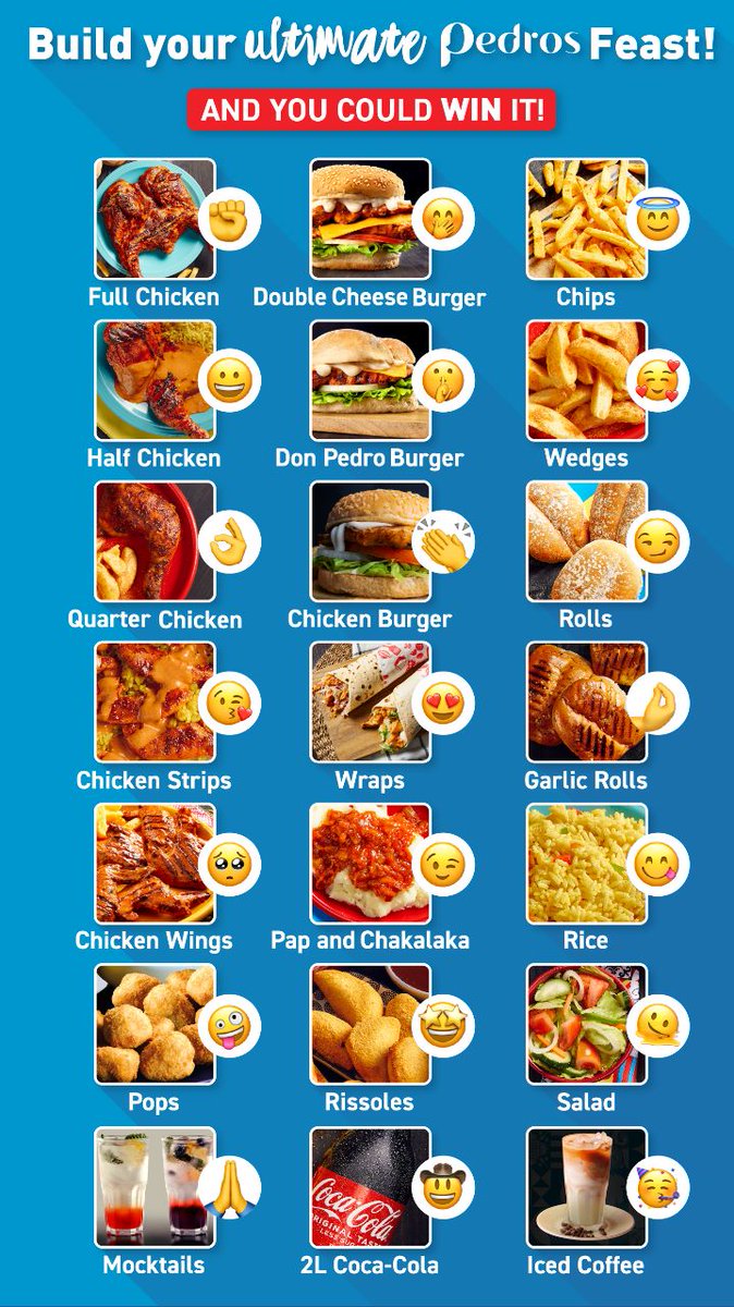 PedrosChicken's tweet photo. Olá! Build your Ultimate Pedros Feast using emojis… and you could WIN it!
We’ll choose a random winner on Monday 20th.
#VivaPedros #YouMeanPedros https://t.co/XKtFRjbhRW