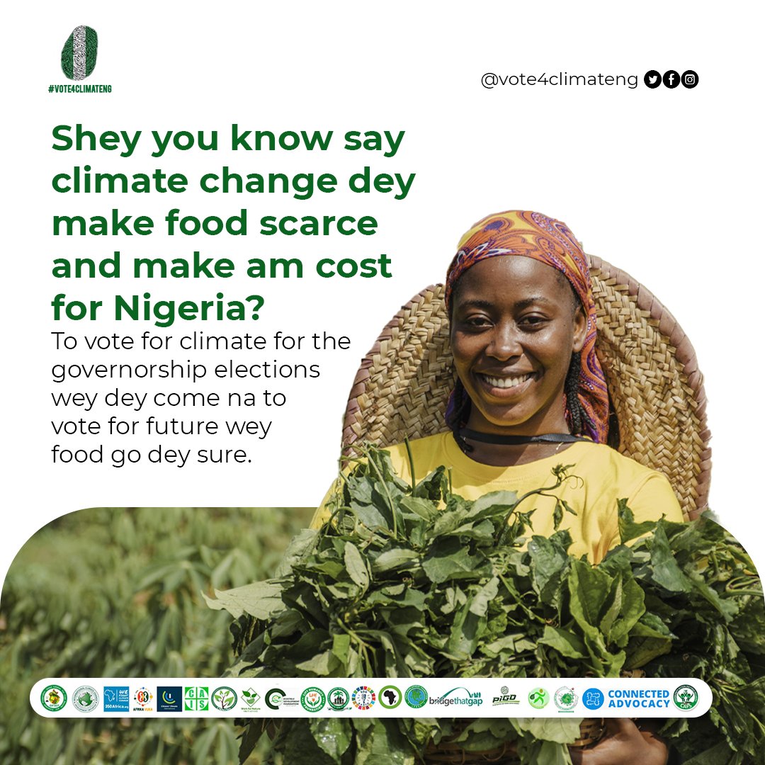 Attention everyone!📢 

Did you know that climate change is wreaking havoc on Nigeria's food supply, leading to shortages and soaring prices? 
Let's make our voices heard and demand action on climate change! 
#Vote4ClimateNG
#GreenNigeria 
#election2023 
#ClimateAction