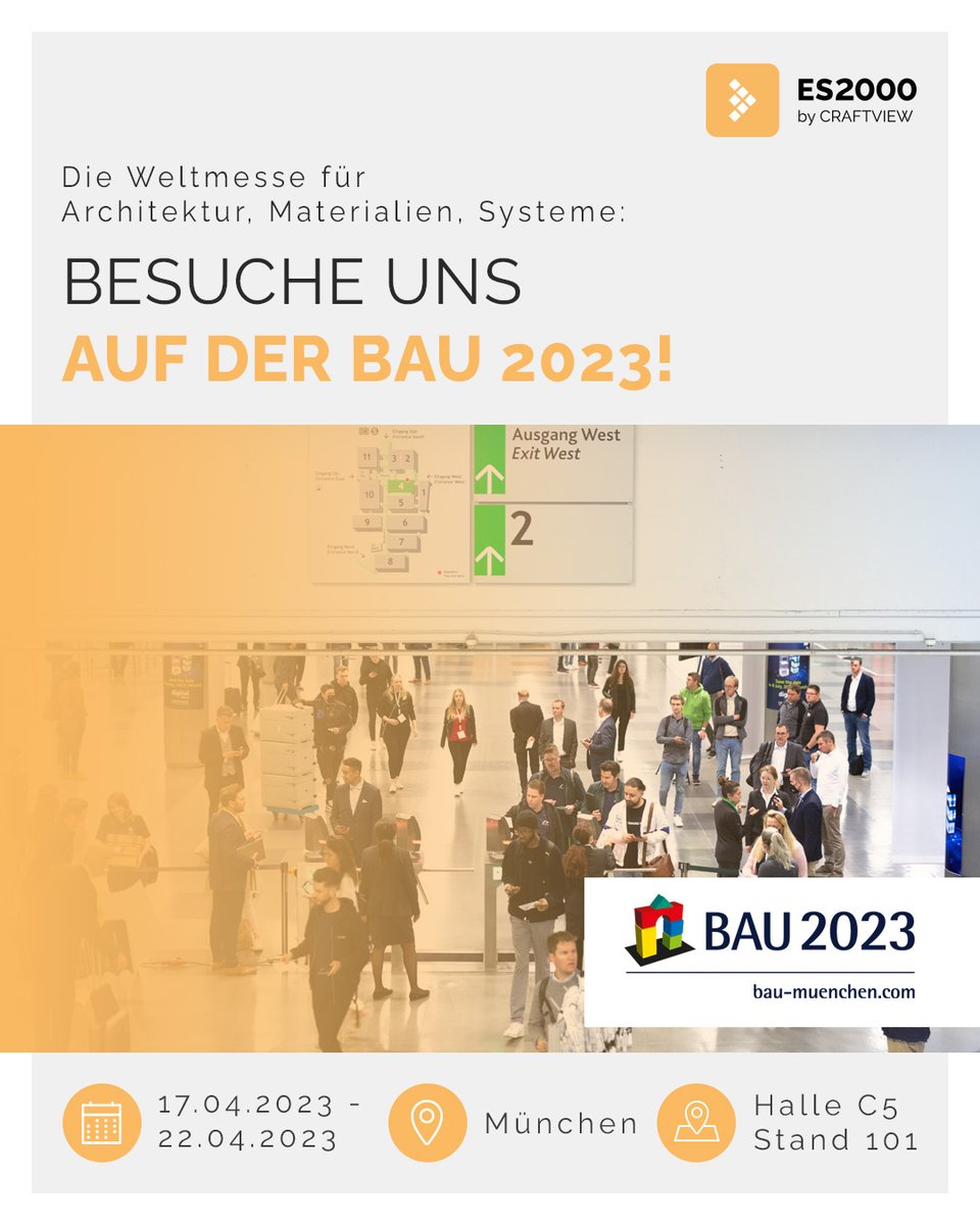 es2000_software's tweet photo. ES2000 auf der BAU in München
Besuche uns vom 17.-22.04. am CRAFTVIEW-Stand auf der Weltleitmesse für Architektur, Materialien, Systeme: Halle C5, Stand101
➡ https://t.co/iGzvcSmlSs

Das ES2000-Team

#es2000 #digitalisierung #weltleitmesse #messe #messemuenchen #bau2023 https://t.co/IkPkga5JQq