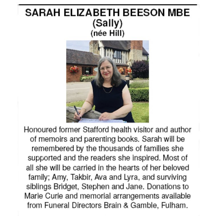 Honoured former Stafford health visitor and author of memoirs and parenting books. <a href="/NewArrivalBook/">Sarah Beeson MBE</a> will be remembered by the thousands of families she supported and the readers she inspired. Most of all she will be carried in the hearts of her beloved family. #obtiuary