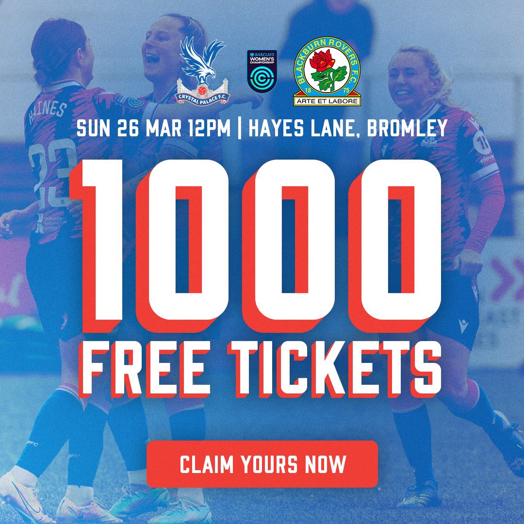 To mark Women’s Football Weekend, we’re giving away 1000 tickets to our next home game against @RoversLadies on Sunday 26th March at 12pm 🙌

🎟️ Grab your free tickets here: bit.ly/3Zzkz9g

Let’s get a record-breaking crowd at Bromley 💪

#CPFC | #BarclaysWC