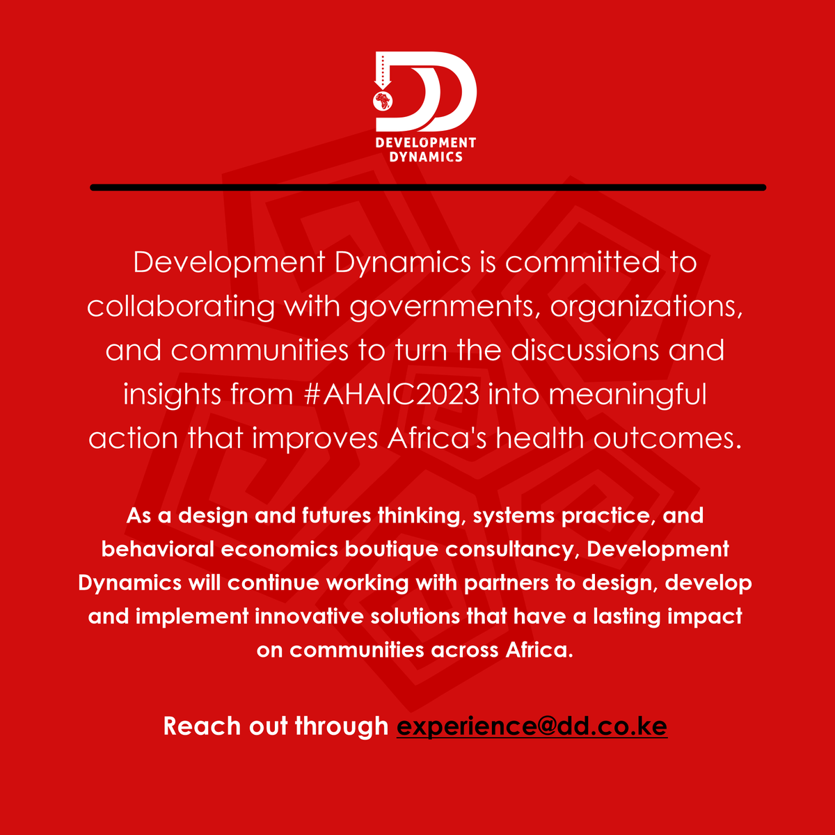 DevelopDynamics's tweet photo. #DevelopmentDynamics is committed to turning insights from #AHAIC2023 into action for better health outcomes in Africa. 
As a design, systems, and behavioral economics consultancy, we collaborate with partners to implement lasting solutions. 

Reach us at experience@dd.co.ke." https://t.co/uKEsl7OECB