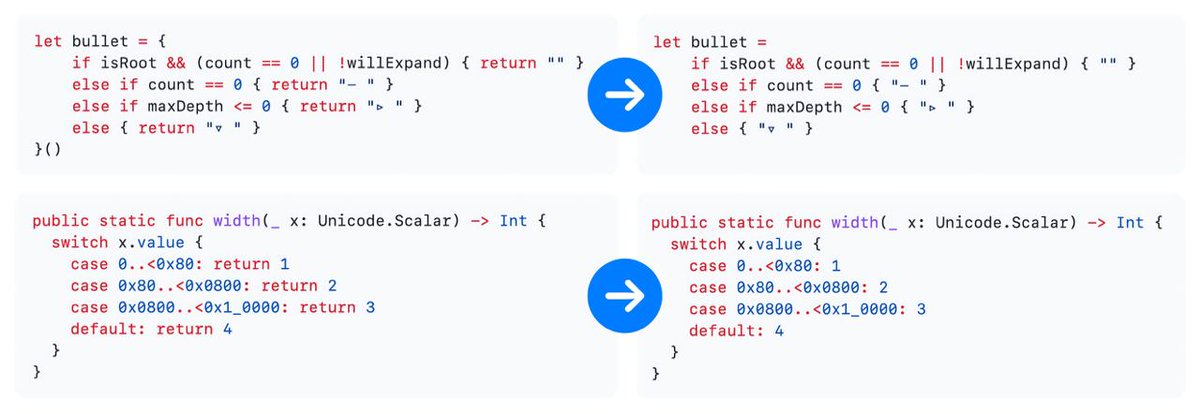 aarabianprincee's tweet photo. 🔥

Starting from Swift 5.9 you'll don't need to write a `return` statement when returning from `if` and `switch`.

Proposal – https://t.co/WcoSZHZNs2 https://t.co/WfdQZIdX9z
