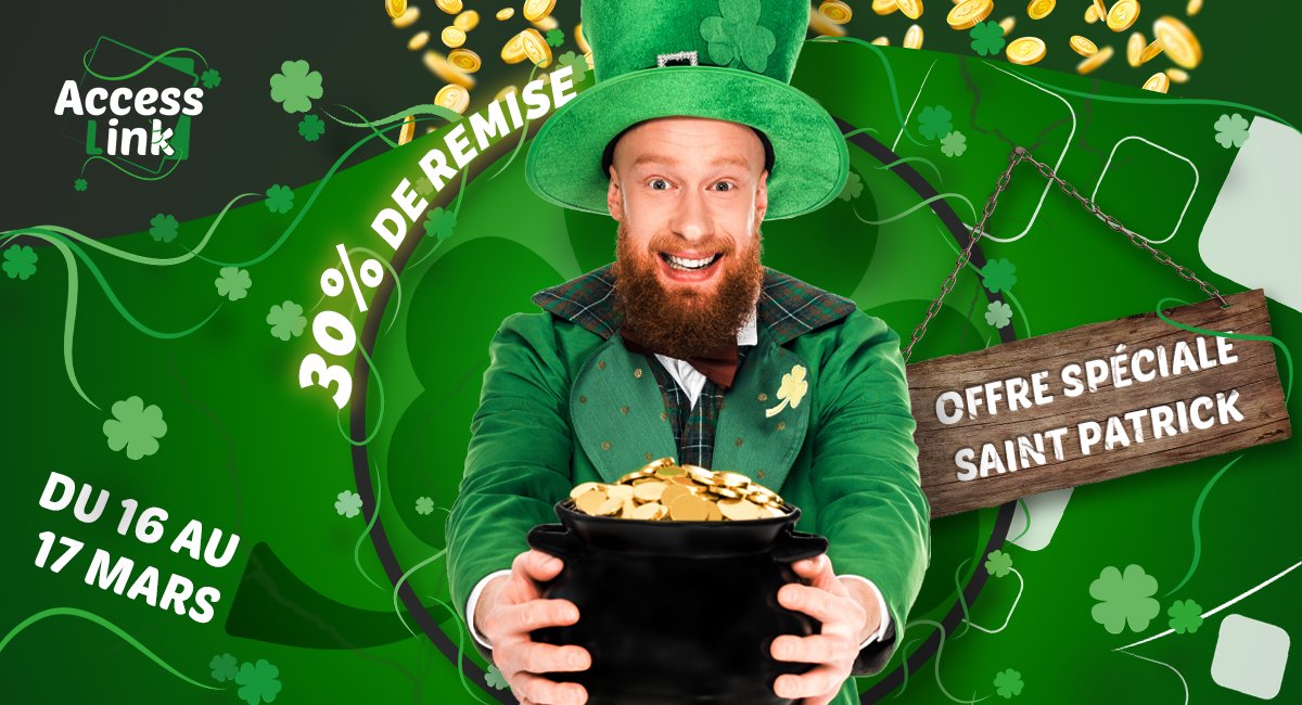 🔗 AccessLink - Backlinks dès 3 € 🔗 (@access_link) on Twitter photo 🍀 À la #SaintPatrick, on vous offre une chance de remonter dans les SERPs
👉 Profitez de nos articles à 7 € pendant 2 jours !
Joyeuse fête à tous les Patrick, à l'Irlande et aux petits lutins verts !
#SEO #Netlinking 🍀 À la #SaintPatrick, on vous offre une chance de remonter dans les SERPs
👉 Profitez de nos articles à 7 € pendant 2 jours !
Joyeuse fête à tous les Patrick, à l'Irlande et aux petits lutins verts !
#SEO #Netlinking