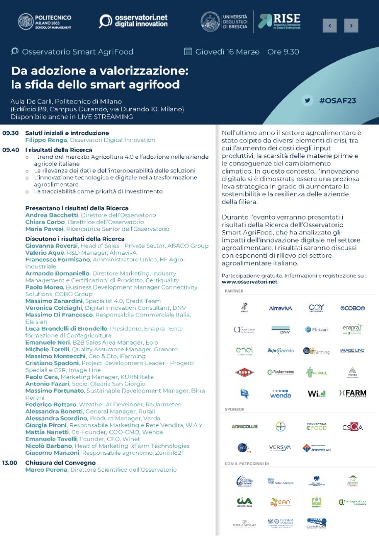 Al via alle 9:30 il convegno dell'Osservatorio #SmartAgrifood, accedi o iscriviti gratuitamente per seguire il live streaming: bit.ly/3LuQwve #OSAF23