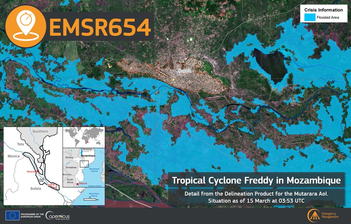 CopernicusEMS's tweet photo. #EMSR654 Tropical #CycloneFreddy🌀 in #Mozambique🇲🇿

Our #RapidMappingTeam has delivered its Delineation Product for the #Mutarara AoI, detecting:

➡️+560 km² flooded
➡️~46,000 people🧑‍🤝‍🧑 affected

More at
🔗https://t.co/1WTivIo0Ox

⬇️Detail from the Delineation Product https://t.co/LC9aukJuMb