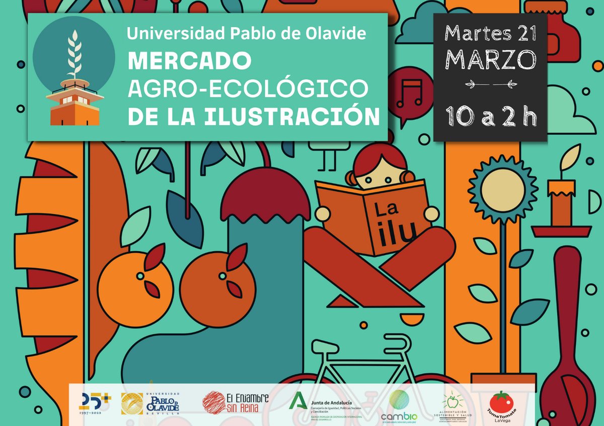 El próximo martes 21, en la UPO abre el Mercado Agroecológico "La Ilustración". Encontrarás aceite, pan, carne, quesos, cerveza, dulces, chocolates, miel, verduras, papelería, frutas, legumbres, y muchos más productos sanos, de calidad y de cercanía.