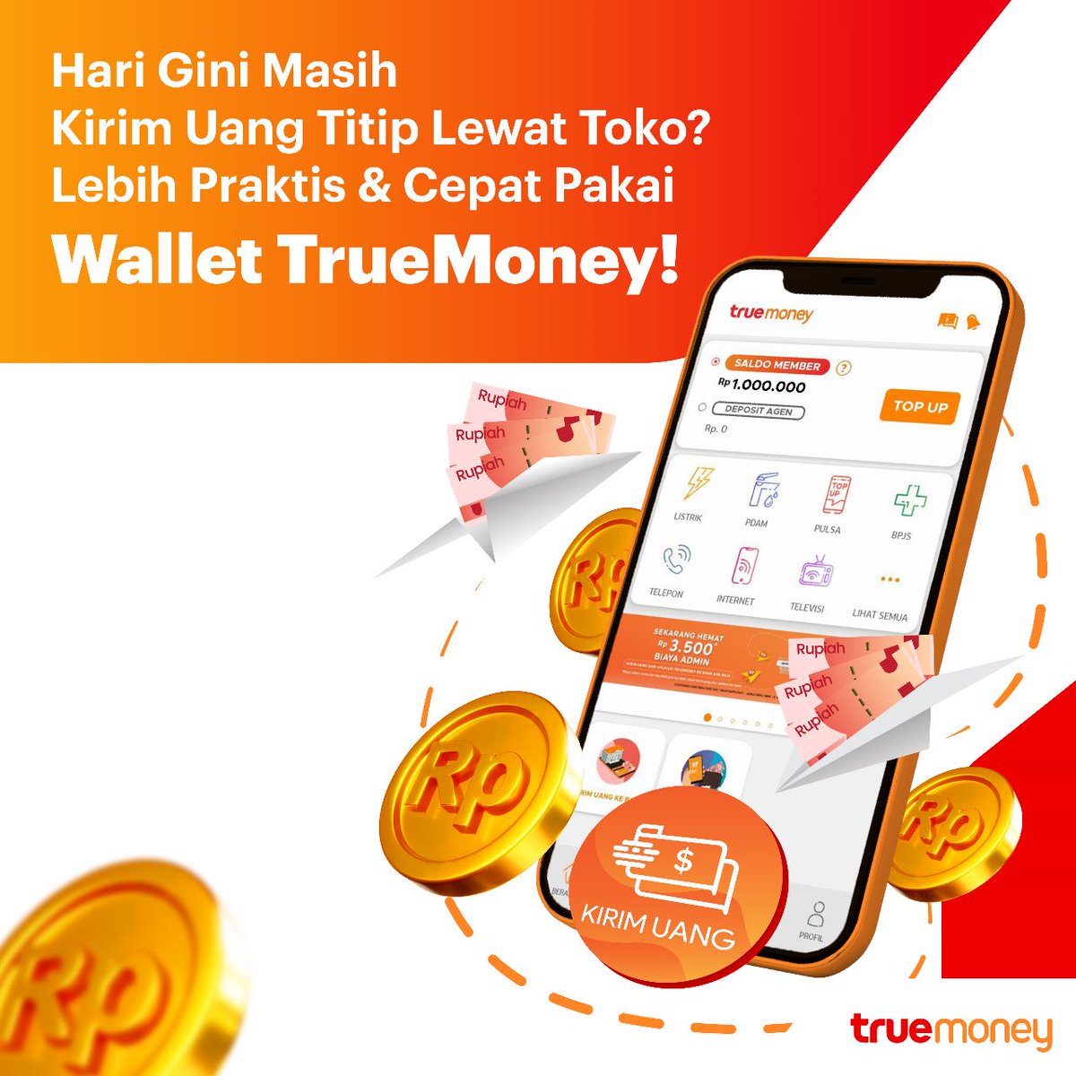 Hai #TrueFriends!
Solusi kirim uang jd lebih praktis pakai wallet aplikasi Truemoney aja!
Oiyah! TrueMoney tdk lg melayani kirim uang melalui Alfamart/Alfamidi.

Nah yg sudah sempat kirim uang/ mendapatkan kode MTCN TrueMoney, buruan dicairkan sebelum tanggal 31 Maret 2023