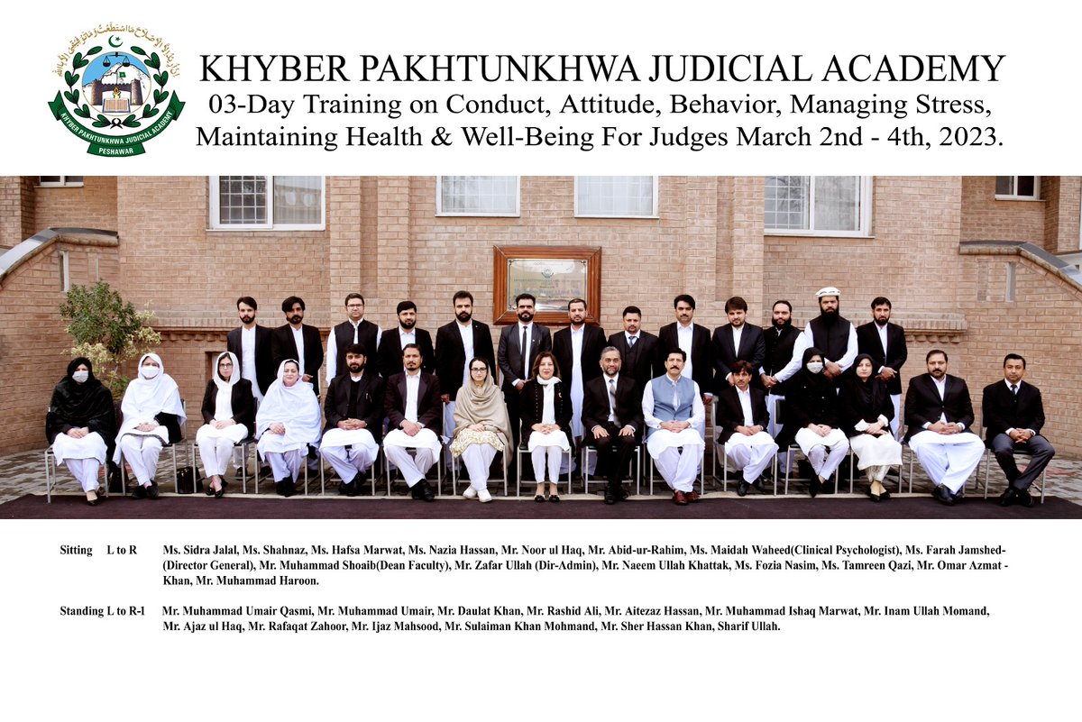 flame_nebuud9l's tweet photo. 03-Day Training on Conduct, Attitude, Behaviour, Managing Stress, Maintaining Health &amp; Well-Being for Judges (2 – 4 March 2023)
#kpjudicialacademy #KPJA #justicesector #wellbeing #MentalHealth #stressmanagement #Conduct @pja_lahore https://t.co/y4ZdByWbwX