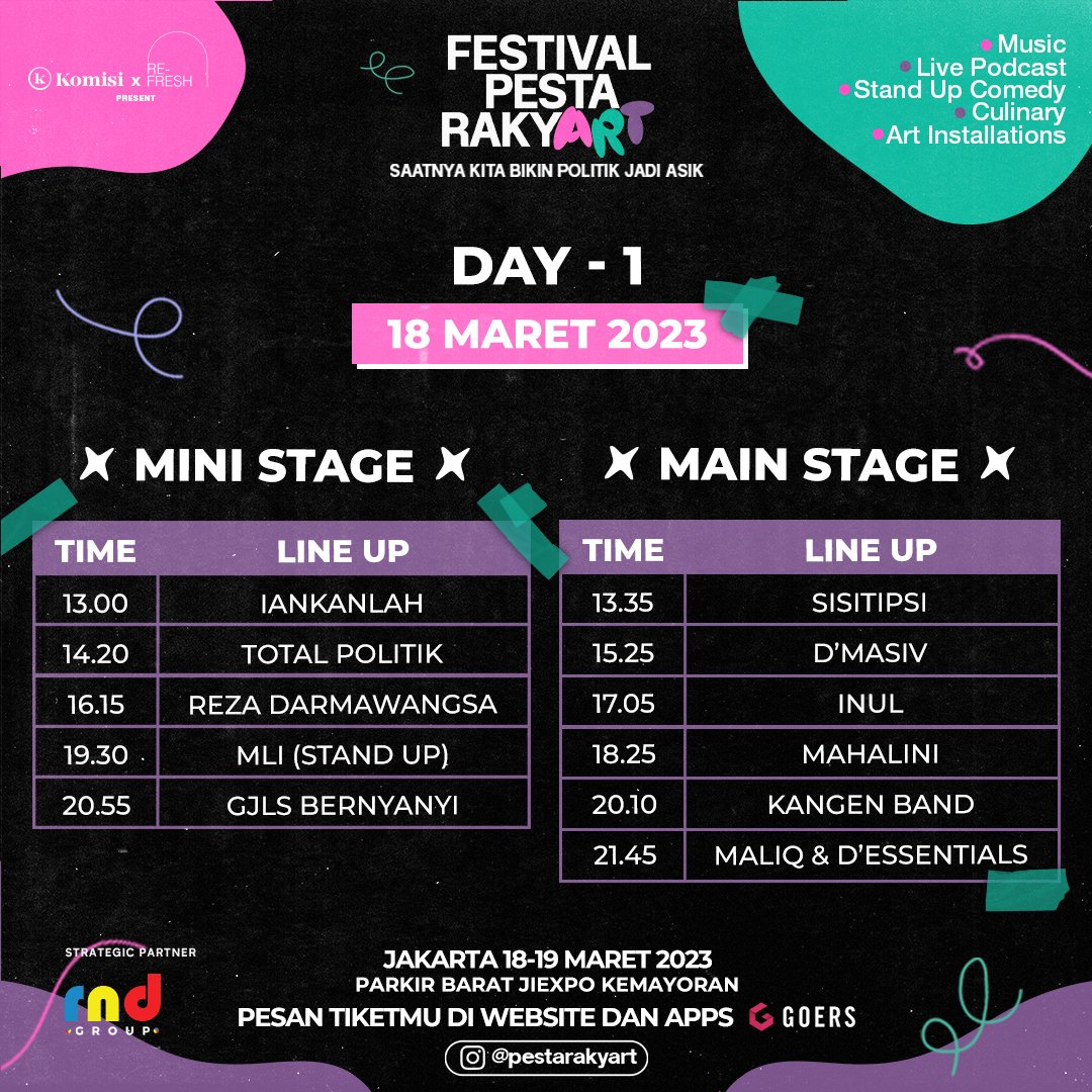 eventsightid's tweet photo. GUYS ADA LINE UP BARU DAN RUNDOWN @pestarakyart untuk minggu depan! Siapa nih yang mau kalian tonton? Cuss beli tiketnya sekarang jangan sampai ketinggalan keseruannya ya di https://t.co/5zD4moUmLF #pestarakyart https://t.co/r7YWz55Ijf