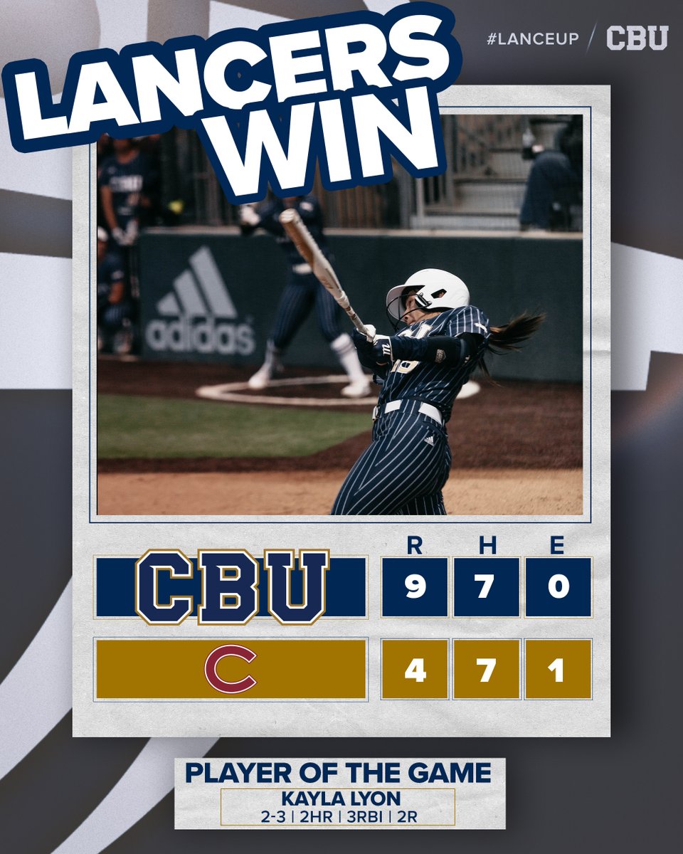 CBUSoftball's tweet photo. 🧹LANCERS SWEEP🧹

Kayla Lyon crushes to homers and Amanda Bricker drives in four as CBU cruises to a Wednesday sweep over Colgate!

#LanceUp⚔️ https://t.co/TLOWlSeB5y
