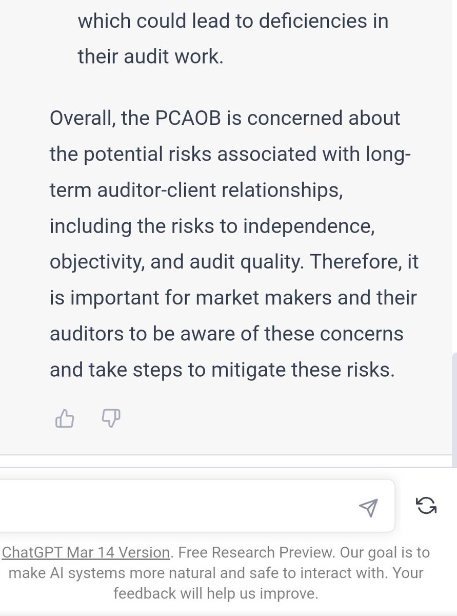 RareDealsHere's tweet photo. #ChatGPT What PCAOB concerns might there be if a market maker has had the same auditor for 8 years? @AriGTSX $MMTLP @FINRA @SECGov @The_DTCC @FBI @TheJusticeDept #Investigate #GTS This is why the red flags in their financials are ignored! #Crowe #PCAOB #Audit #LetItTrade https://t.co/6QIg6wZtzP