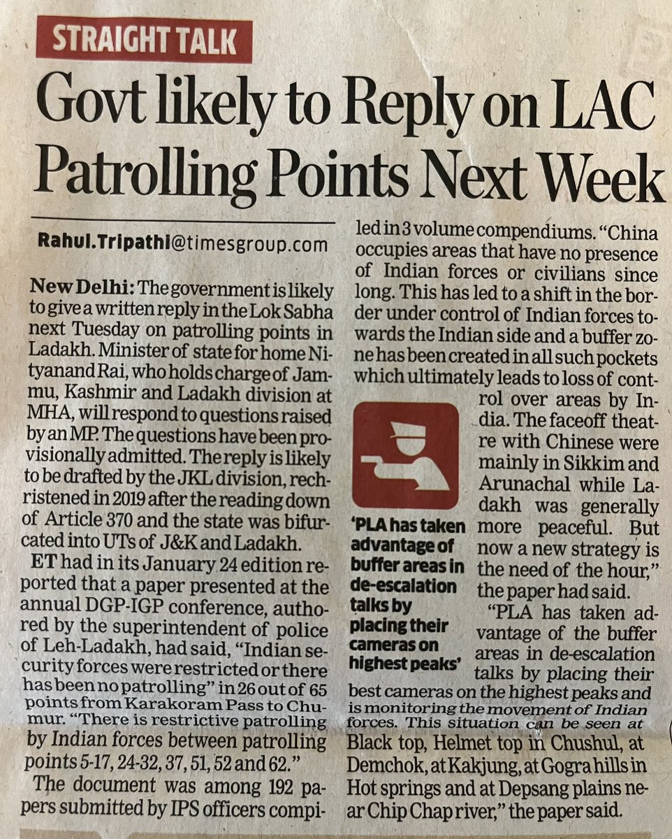 rahultripathi's tweet photo. Govt admits queries by LS MP on #patrollingpoints in #Ladakh along #LAC with #China, written reply to be submitted next week. 

26 out of 65 #patrollingpoints are out of bounds for Indian security forces, as per a paper submitted at annual DGP-IGP conf this year. @ETPolitics https://t.co/zTJgEftwIT
