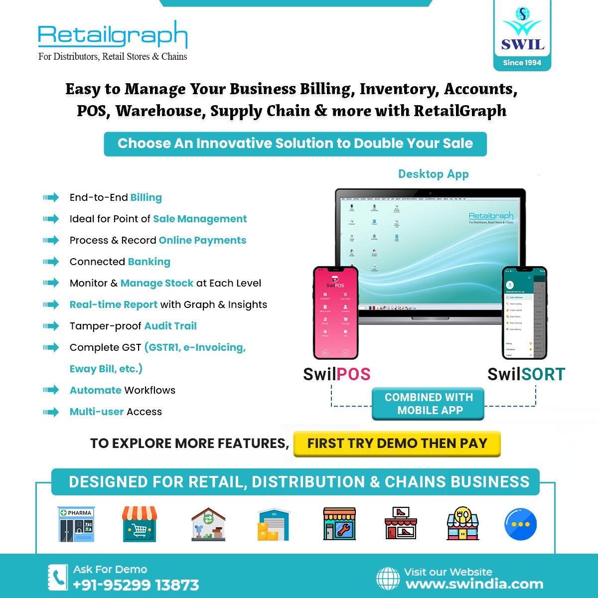 swilerpsoftware's tweet image. Choose the best-in-industry software, &quot;RetailGraph&quot;, for your business and overcome all business challenges easily. 
Call for Inquiry📲+91 95299 13873 
Visit👉zurl.co/5iuV

#SwilSoftware #SwilGoup #RetailManagementSoftware #SoftwareSolutions #SwilPOS #SwilSort