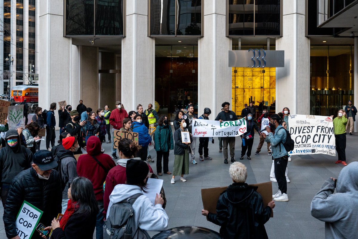 renepakmorrison's tweet photo. Todays march rallied outside GI Partners, Bank of America, and Wells Fargo centers in SF to demand they stop funding to the Cop City project #defendATLforest #StopCopCity https://t.co/8sfwmqoLA0