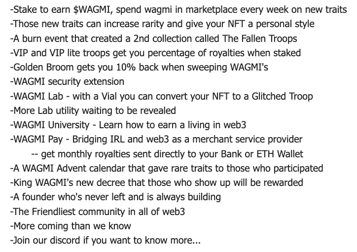 Lately, the #WagmiArmy community has been holding daily spaces &amp; being very active on Twitter!

Shout out to <a href="/SCARFACE_SHINO/">Scarface</a> 

Our art resonates with a lot of people, but the question I hear most is, "Besides a DOPE pfp, what does the <a href="/wagmiarmynft/">WAGMI ARMY</a> offer its holders?"