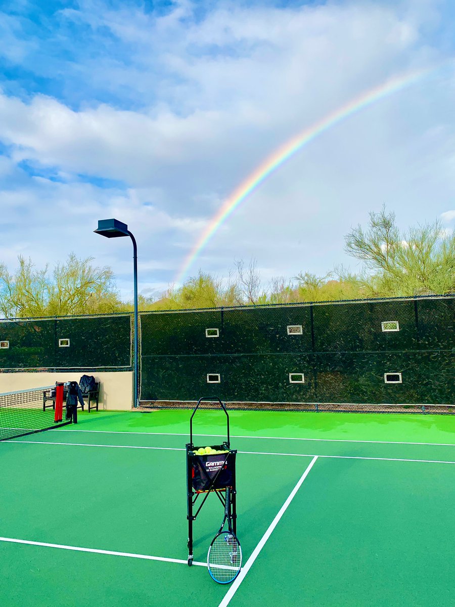KJtheTennisPro's tweet photo. After rainy day at the courts we were rewarded with sunshine, some blue sky and a beautiful rainbow right before sunset tonight 🌈 #Rainbow #Scottsdale #ScottsdaleTennis #TennisLessons #TennisProLife #KJtheTennisPro 🎾 https://t.co/qM43YLJ8V5