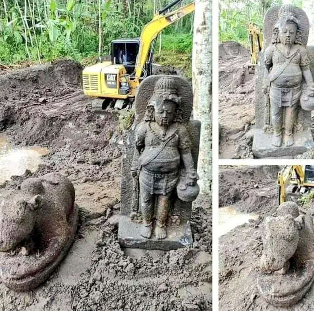 The discovery of AgastyaMuni and Nandi murtis in Sleman, D. I Yogyakarta, Java, Indonesia. Archaeological team found the two murtis along with other archaeological objects in the form of stone temple parts. 
(Image by Girish Bharadwaj) 
#indonesia #hinduism #lostheritage #india