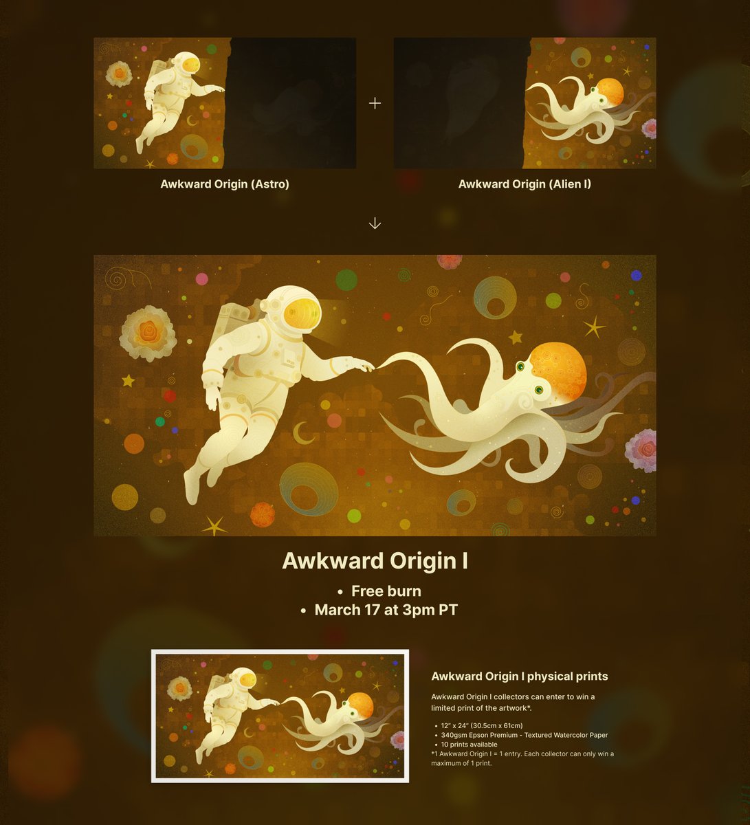 Awkward Origin I burn
niftygateway.com/collections/aw…

Burn an Awkward Origin (Astro) and an Awkward Origin (Alien I) to get the complete Awkward Origin I for free. 

Burn details:
• Free
• Friday, March 17 at 3pm PT
• Open for 72hrs
• 50% of royalties go to AA fund