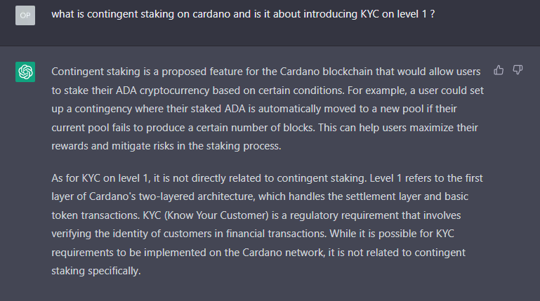 youIyouADA's tweet photo. I asked about #contingentstaking #contingentrewardaccess #cip1694 ChatGPT seems to be making another interpretation of what is contingent staking? #Cryptos https://t.co/ApoxcMpkh0