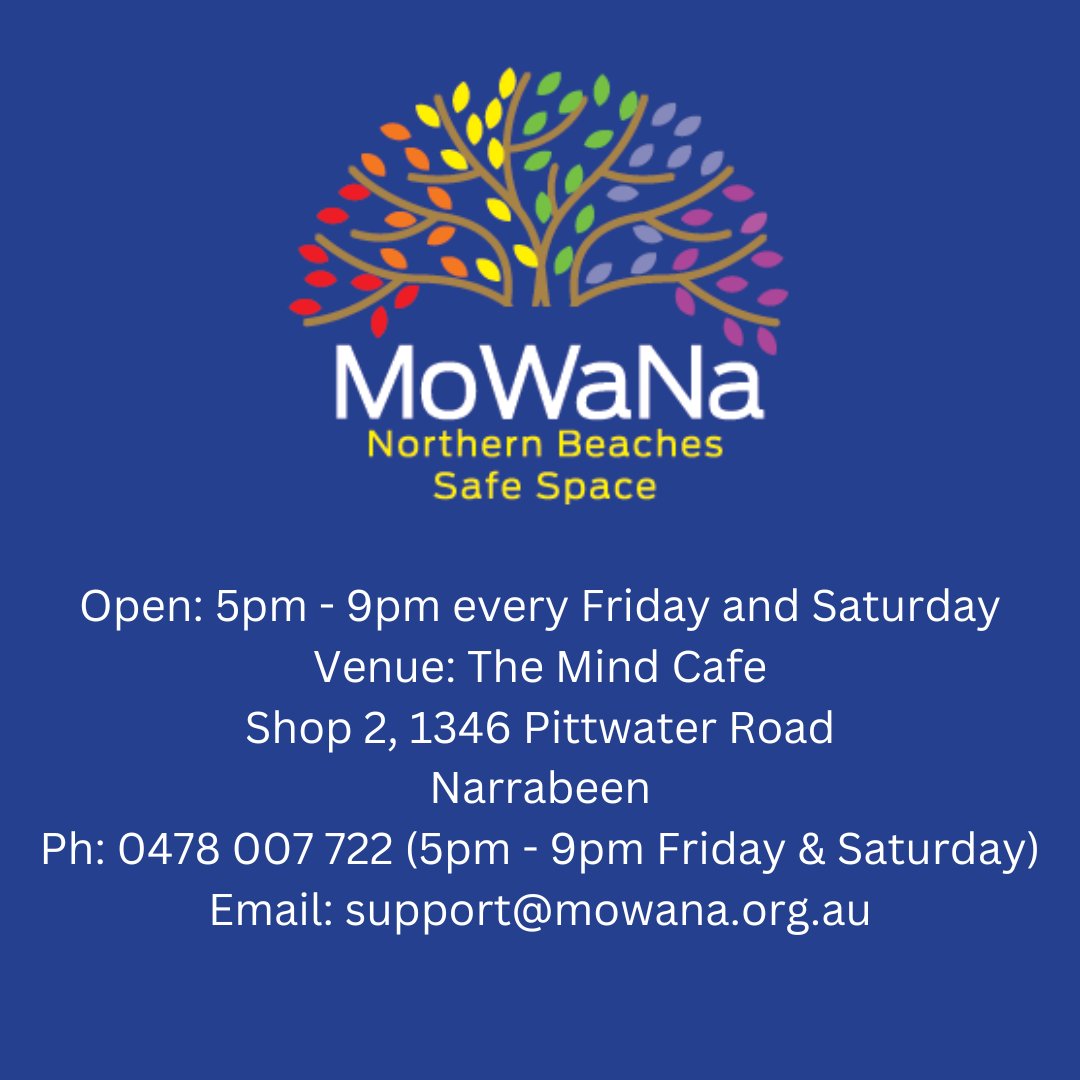NSPO_Aus's tweet photo. We’re delighted to see Lived Experience-led safe spaces opening. This weekend, MoWaNa, a peer-led community service supporting people experiencing emotional or suicidal distress launches in the Northern Beaches, Sydney, NSW. Dets below.

For 24/7 support, call Lifeline: 13 11 14 https://t.co/py0TxpYoFT