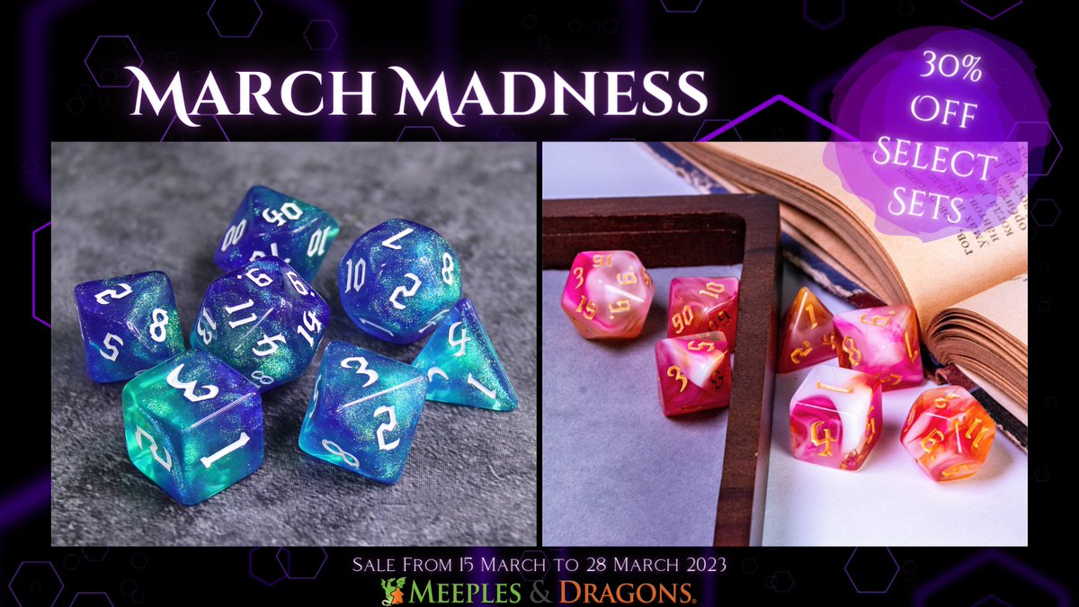 Meeples_Dragons's tweet photo. Are you looking to add more shiny click clacks to you hoard? You should check out the sets that we've popped into the On Sale section for March Madness ... Because who doesn't need more dice? 😅
https://t.co/Naoe1SD4Kh
#dice #shinymathrocks #ttrpgdice #dnd #ttrpg https://t.co/ULy3Ywnd7I