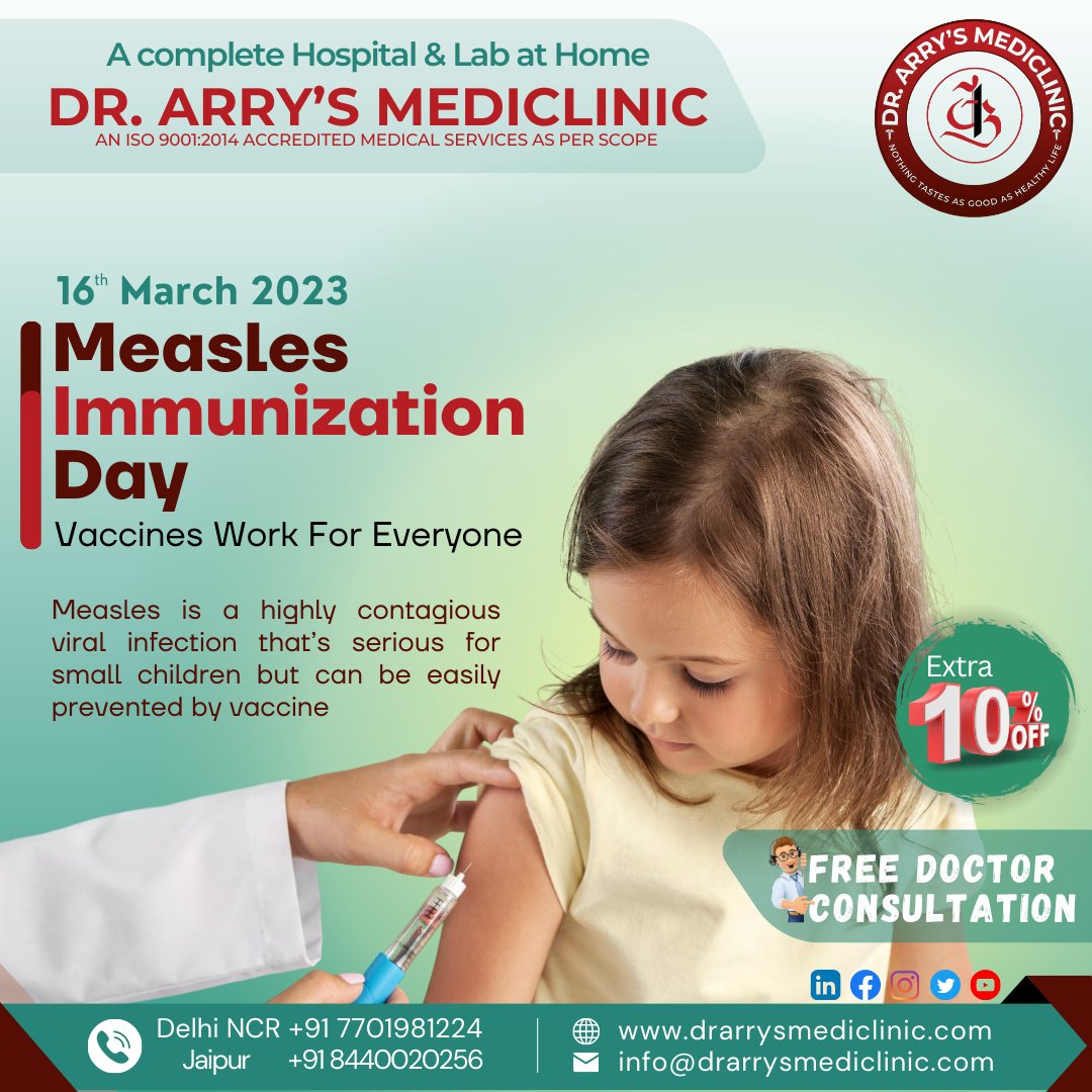 Measles vaccine is typically given as part of a routine childhood vaccination schedule. However, if you are an adult and have not yet received the vaccine, you can still get vaccinated.
Delhi NCR +91 7701981224
Jaipur +91 8440020256

#MeaslesImmunizationDay #MeaslesVaccinationDay