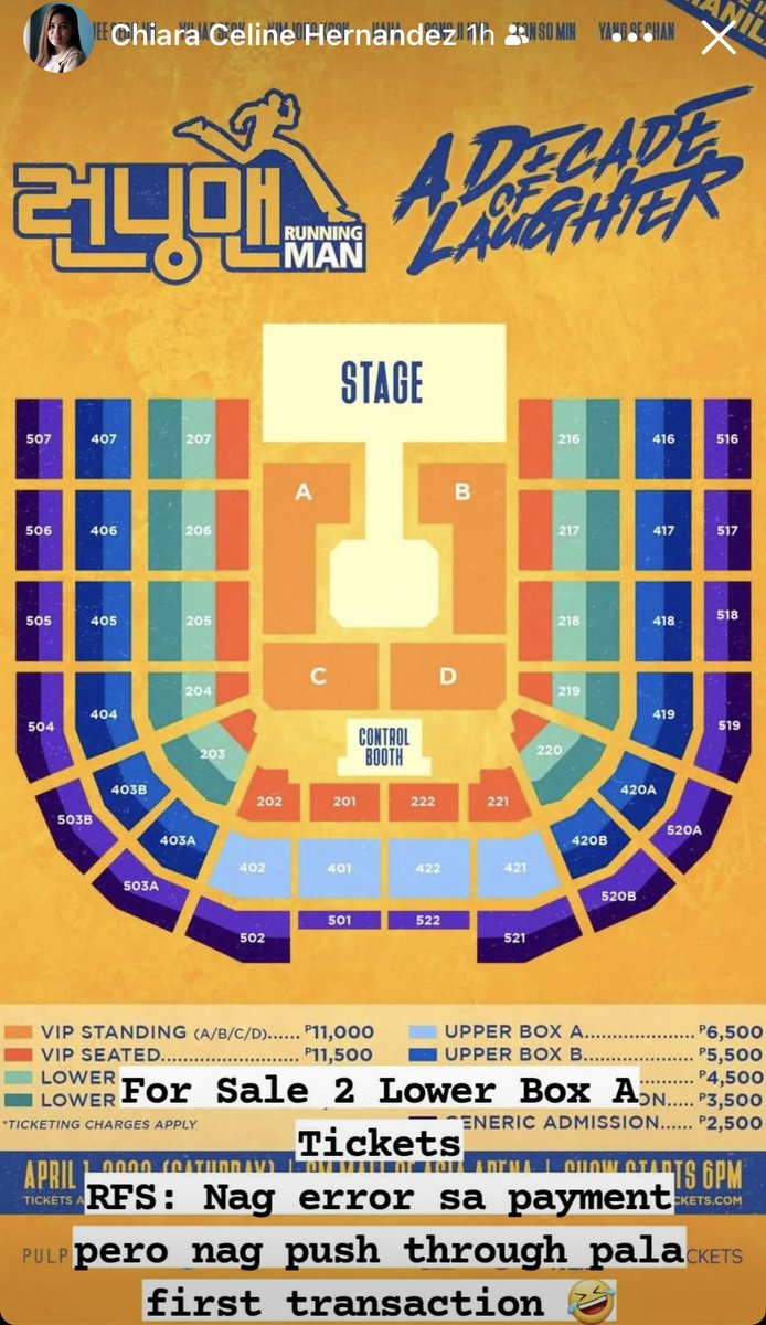 shiningbyulie's tweet photo. wts : lfb  #RUNNINGMANinMANILA 
Running Man Ticket 
*LOWERBOX A SECTION 205 ROW I*

Available Ticket:  1 only
selling same price: 10,070 

Rfs: Extra. Was able to get our preferred seats.
Mod: Gcash, or Cash (for meetups, preferably buyers in the South or near Mega/Estancia/BGC) https://t.co/25EXPTs70C
