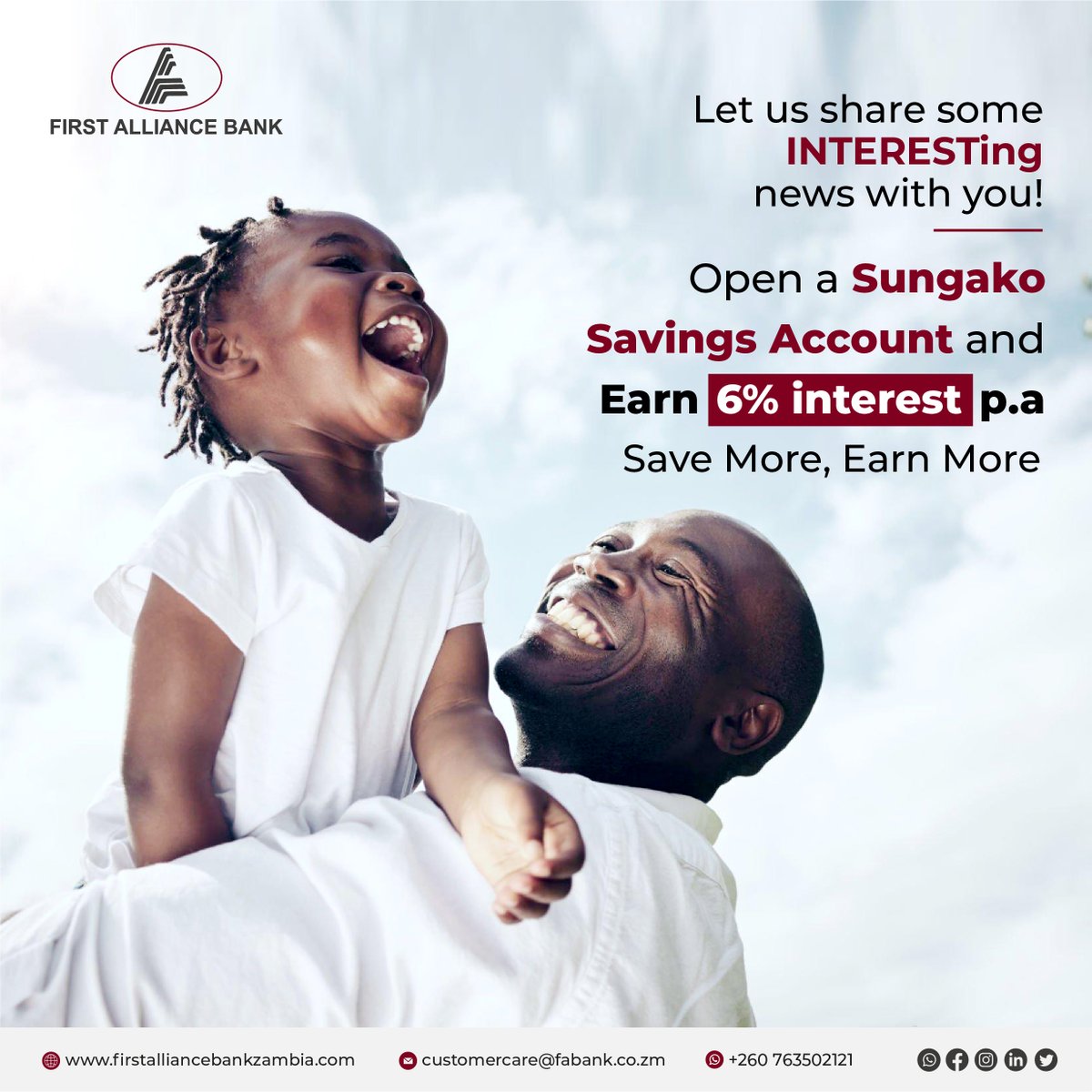 Open a Sungako Savings Account with us today and earn up to 6% interest p.a. on your savings.

#FirstAllianceBank #FAB #Zambia #BankWithUs #SungakoSavingsAccount #SaveMoreEarnMore 
#SavingsAccount #EarnSixPercent #FinancialSuccess
#StartSaving #GrowYourMoney #FinancialLiteracy