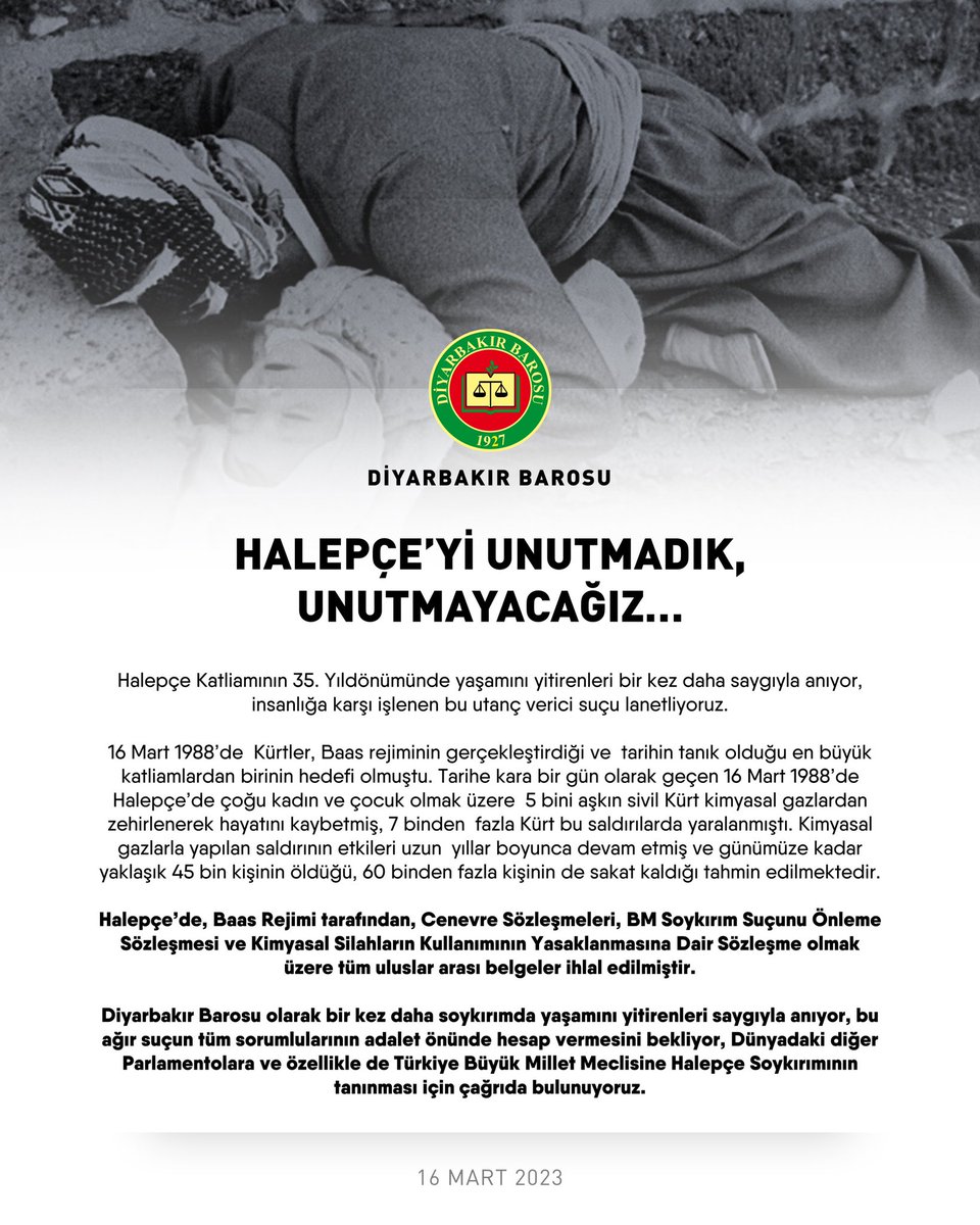 Diyarbakirbaro's tweet photo. HALEPÇE’Yİ UNUTMADIK, UNUTMAYACAĞIZ…

https://t.co/yygf9L2iMr https://t.co/Zyjm05SqBl
