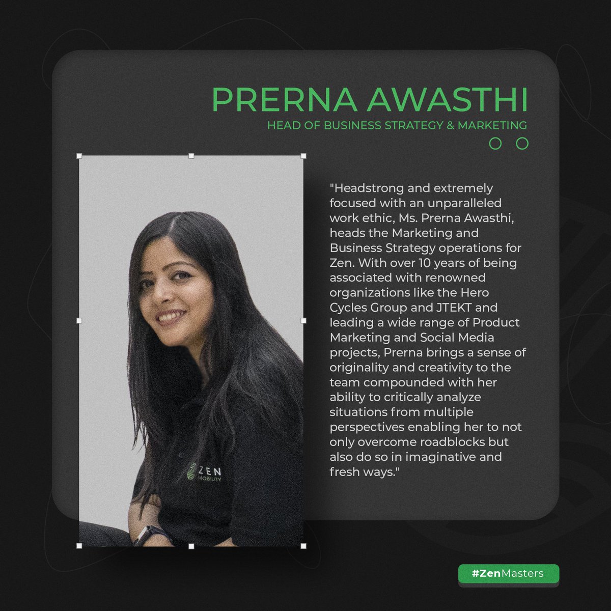 Zennmobility's tweet photo. Prerna Awasthi heads Business Strategy and Marketing at Zen. A super skilled Business Strategy specialist, Prerna envisions Zen’s marketing plan and defines how the world meets Zen Mobility’s next-gen mobility offerings.

#zenmobility #mobility #zen #mobility #future https://t.co/BhcBkGncya