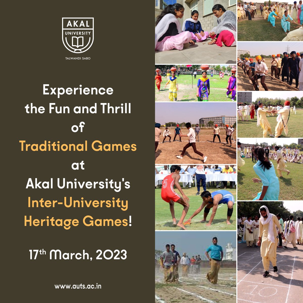 UniversityAkal's tweet photo. Experience the Fun and Thrill of Traditional Games at Akal University's Inter-University Heritage Games!

Attention all students and sports enthusiasts!

Are you ready to experience the thrill of traditional games and safeguard our cultural heritage?
https://t.co/PjkoyDQ4hH https://t.co/Re9lvgkkSv