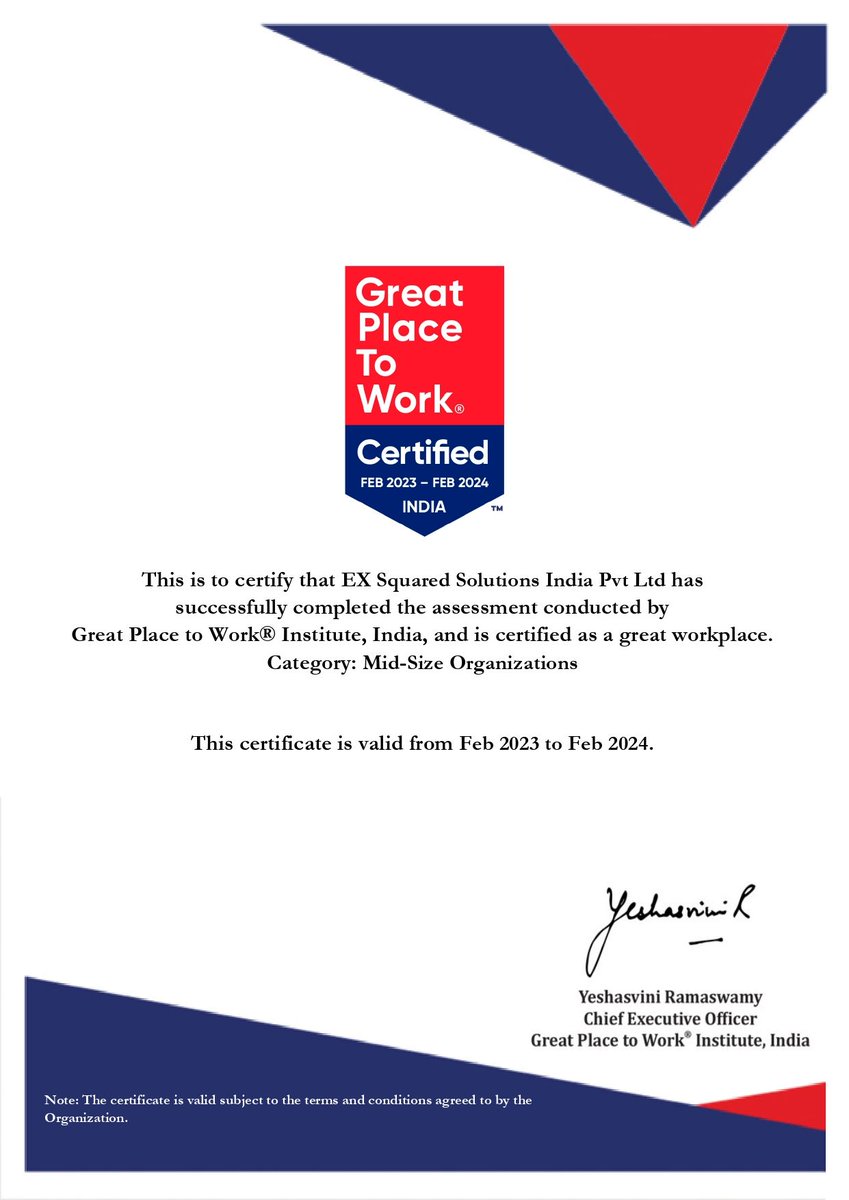 exsquaredindia's tweet photo. We are thrilled to share that EX Squared has been certified by @GPTW_India. This certification reflects our ongoing commitment to creating a positive and supportive work environment for our employees.
#GPTWCertified #ExsquaredGPTWCertified #exsquaredindia #workplaceculture https://t.co/l8Zl9rmxjR