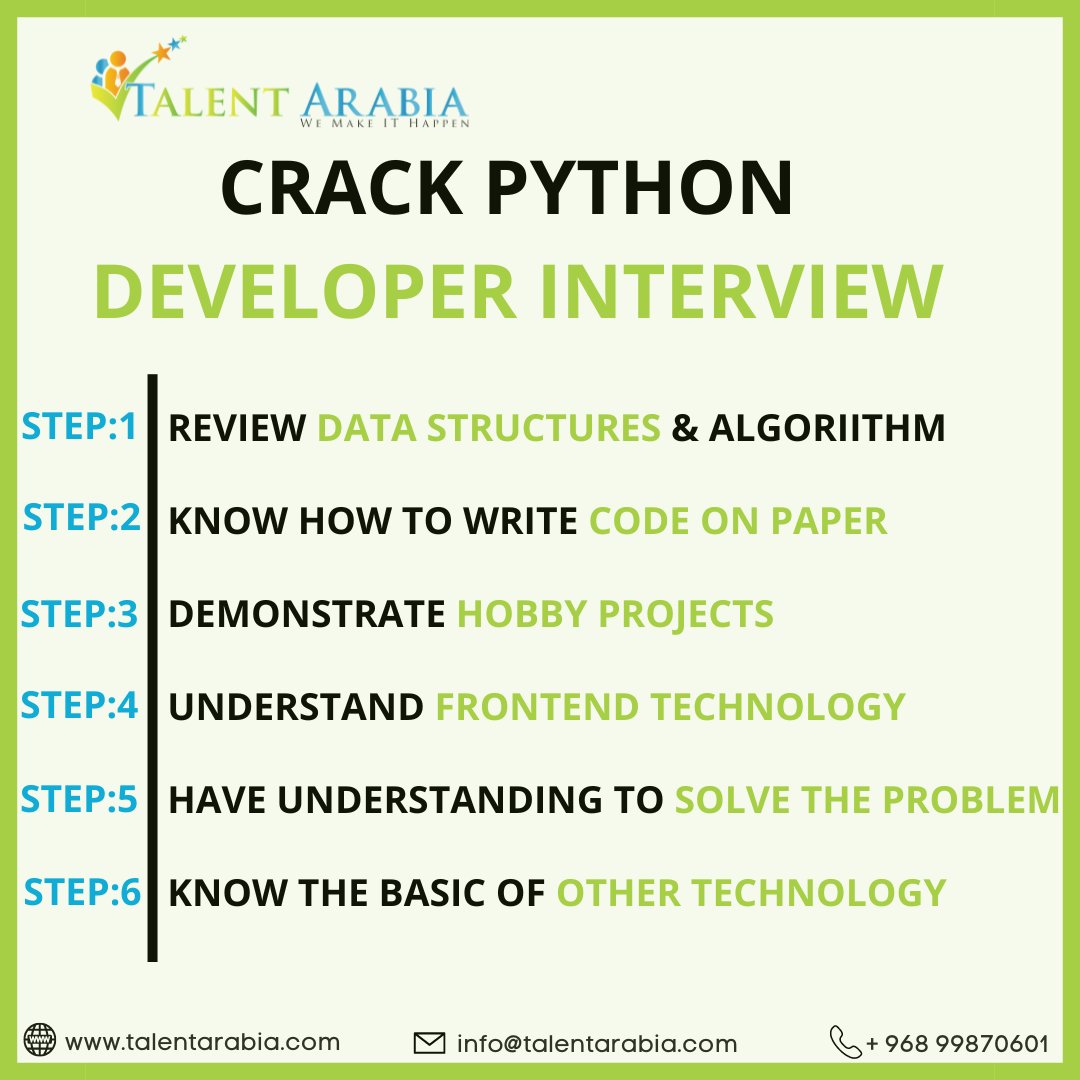 itstalentarabia's tweet image. Are you preparing for a Python developer interview? Here are some tips to help you #crack the interview and land your dream job! 

#PythonInterviewTips #CodingInterview #DeveloperInterview #PythonDeveloper  #help #productivity #talentarabia #talentarabiaoman #talentarabiaindia