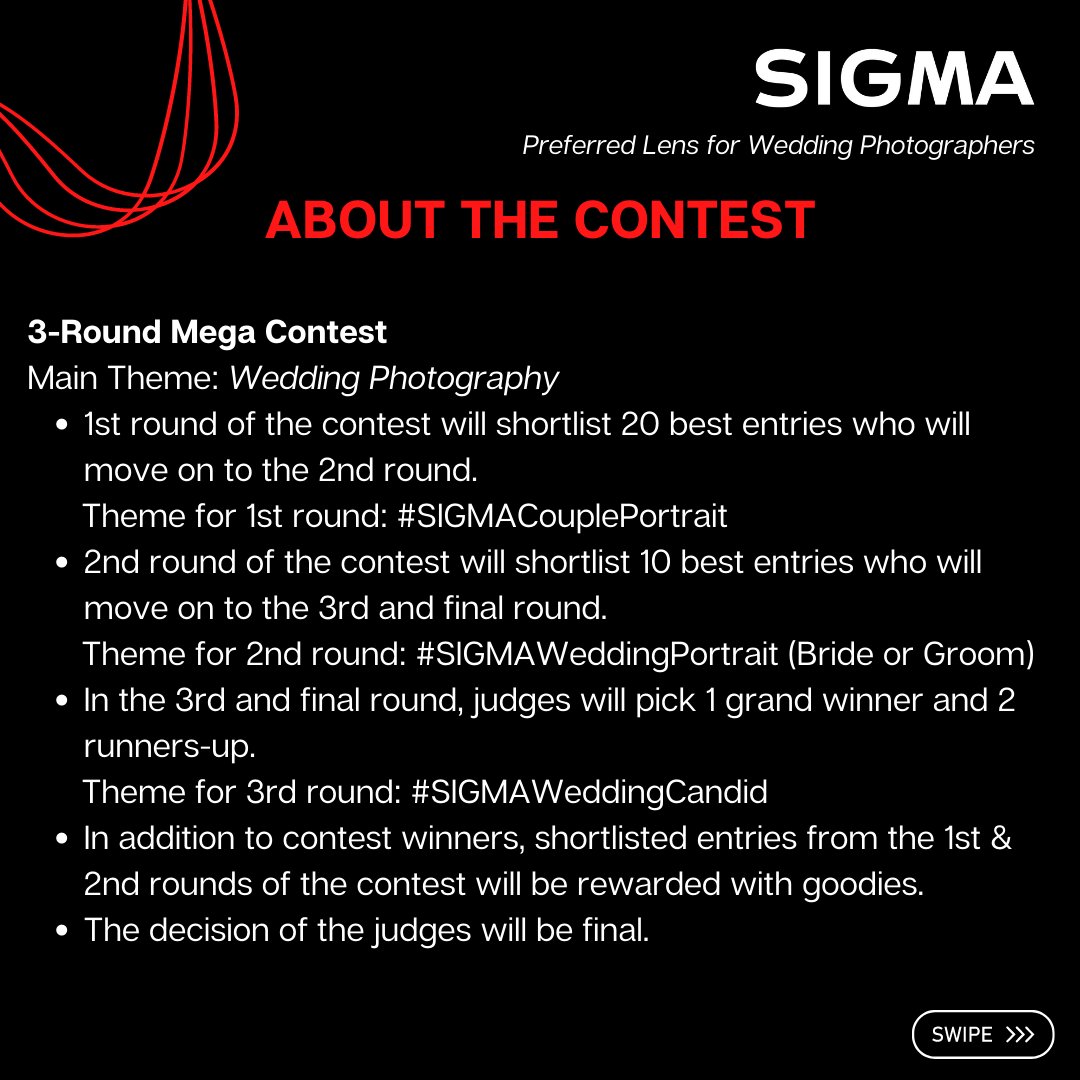 Sigma_India's tweet photo. SIGMA India brings you a 3-Round Mega Wedding Photography Contest.
1st Round - #SIGMACouplePortrait
Hurry up and submit your entries by 06 April 2023. Goodies and Grand Prize will be announced soon :)
#sigmaphotoindia #sigmacontest #sigmacontestindia #sigmagear https://t.co/iJdqTqpxHF