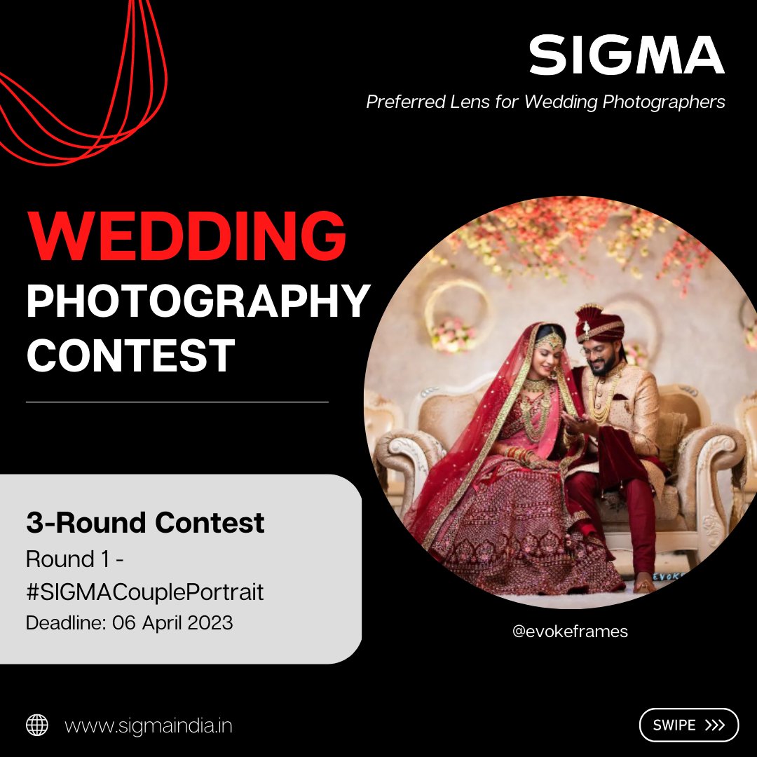 Sigma_India's tweet photo. SIGMA India brings you a 3-Round Mega Wedding Photography Contest.
1st Round - #SIGMACouplePortrait
Hurry up and submit your entries by 06 April 2023. Goodies and Grand Prize will be announced soon :)
#sigmaphotoindia #sigmacontest #sigmacontestindia #sigmagear https://t.co/iJdqTqpxHF