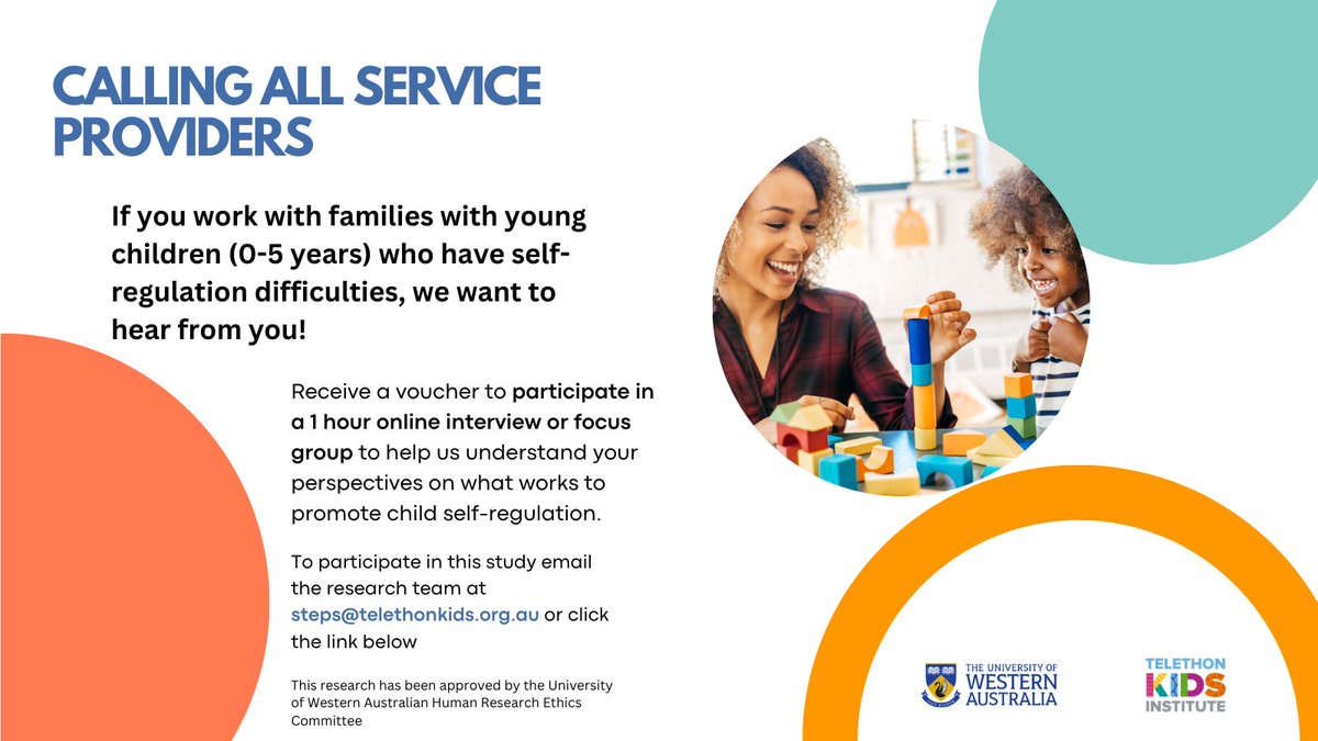 We are running two focus groups next week with providers working with families of children aged 0-5 who have #selfreg difficulties. If you would like to join us Monday 27th March at 5pm AWST or Tuesday 28th March at 1pm AWST please get in touch! bit.ly/3Zlcnc6
