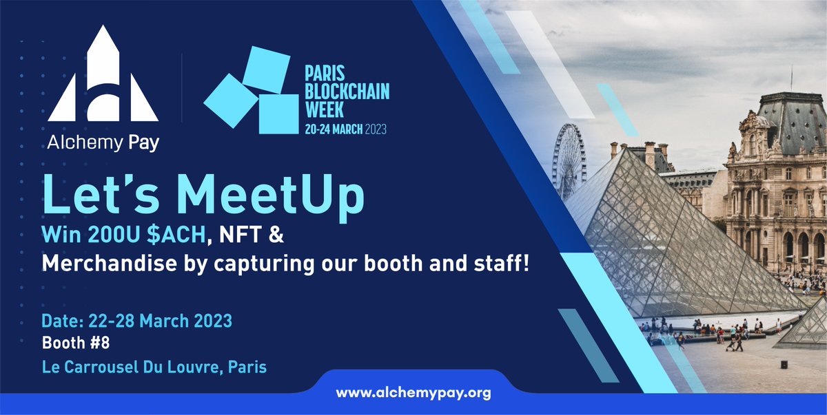AlchemyPay's tweet photo. Time for a meetup if you are visiting #ParisBlockchainWeek! 

🗓️Booth Time: March 22- 23
1⃣ Take a selfie with our staff or booth at PBW
2⃣ Tweet and Tag #AlchemyPay
🎁200U $ACH + NFT + Merchandise

*Submission before March 28 will also be considered*
#PBW2023 https://t.co/7KI32ZXJZq